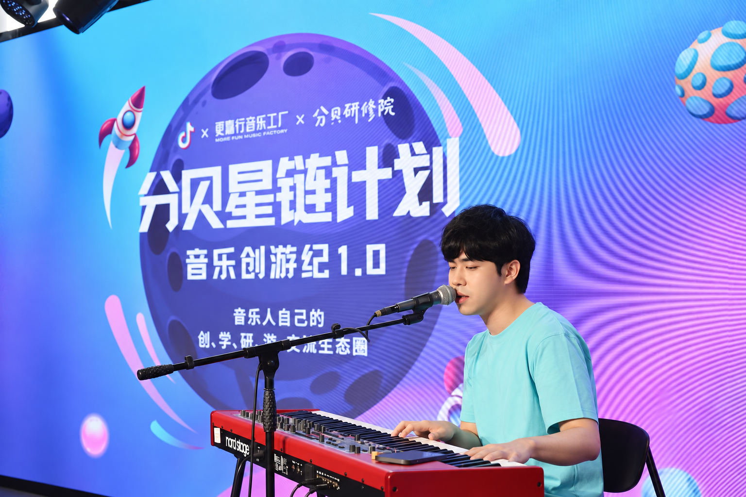 陈浩宇身穿蓝色上衣,在蓝紫色舞台上弹奏红色键盘并对着麦克风演唱
